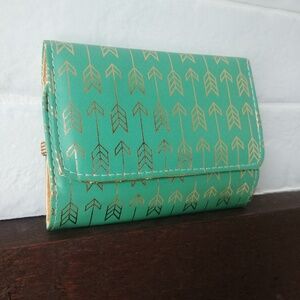 4/$20 Seafoam blue green and gold small faux leather wallet